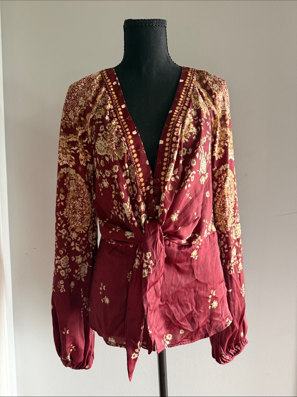 Free People Burgundy Floral Tie-Front Blouse